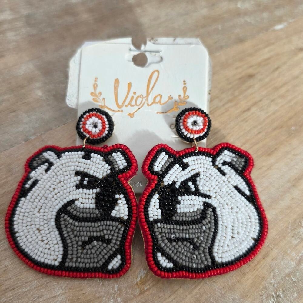Bulldog Earrings UGA Dawgs University of Georgia Beaded Dangle Posts New